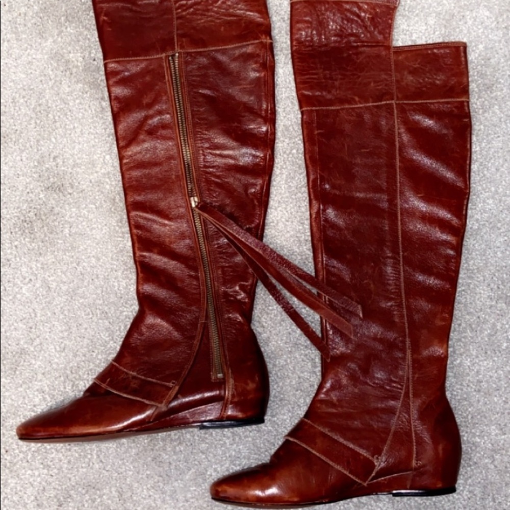 ❤️ Knee High Brown Leather Wedge Tassel Boots ❤️